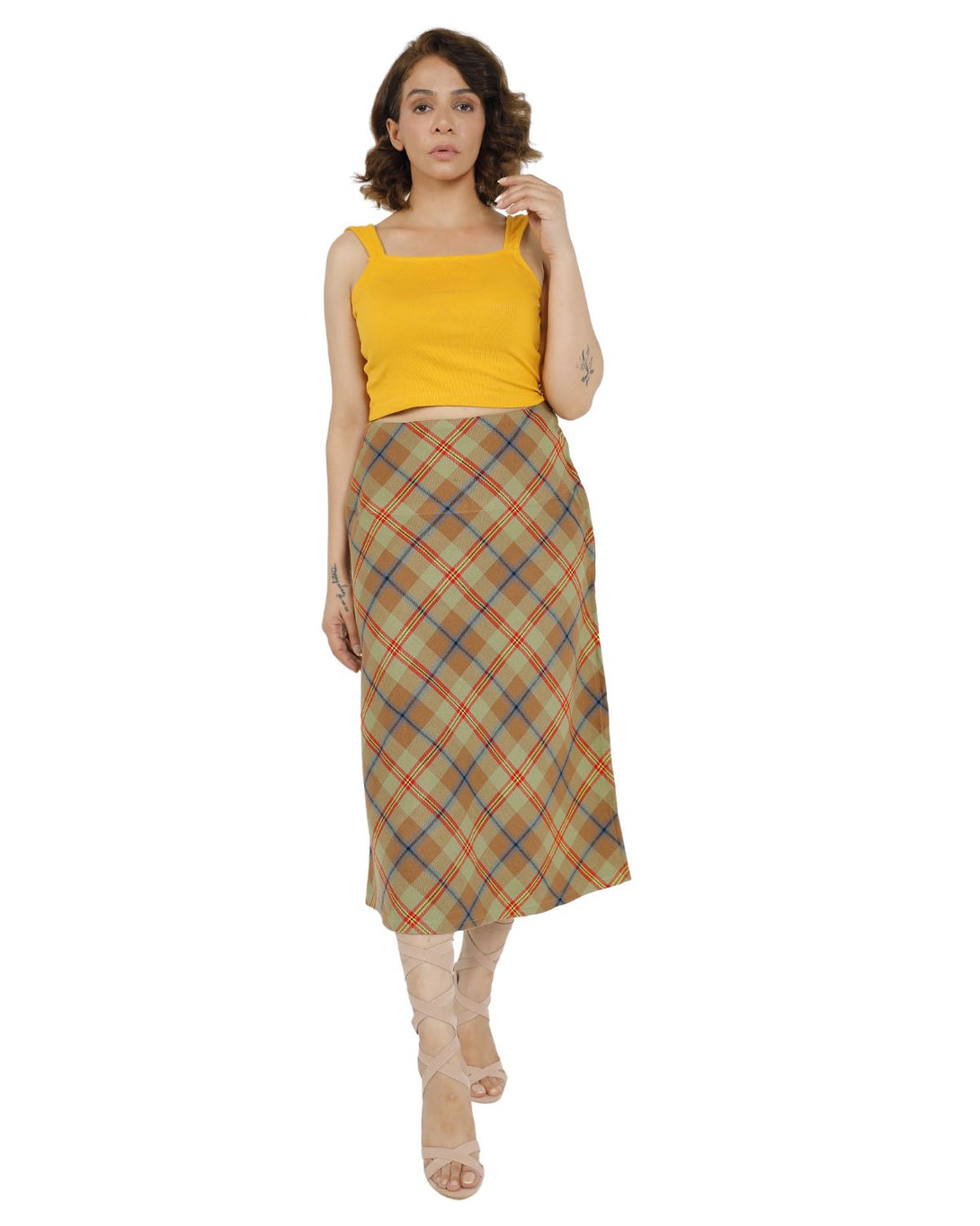 full Beige Plaid Midi Skirt