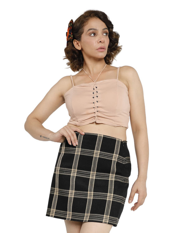 Black and beige plaid skirt with classic check pattern