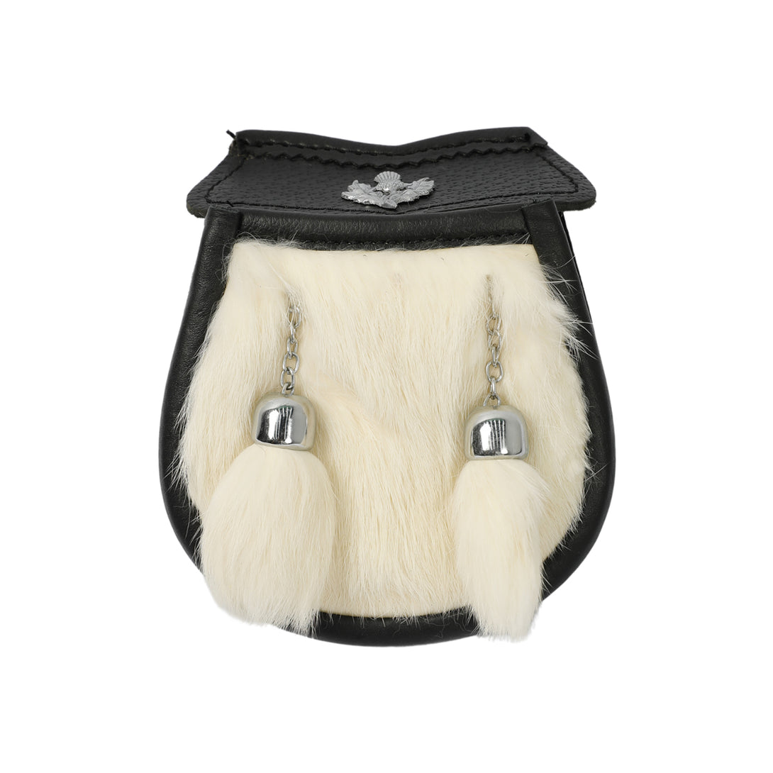 Boys' White Cowhide Sporran With Two Tassels - Free Sporran Belt front