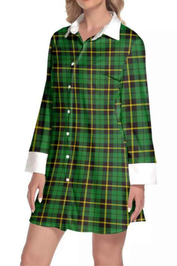 Plaid Lapel Shirt Dress with Long Sleeves