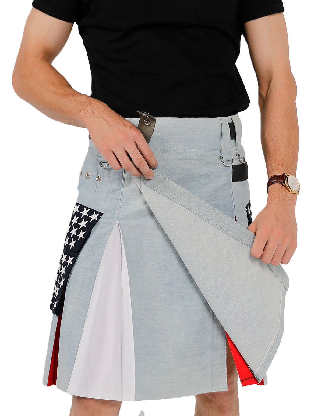 Open front of All-American Denim Kilt