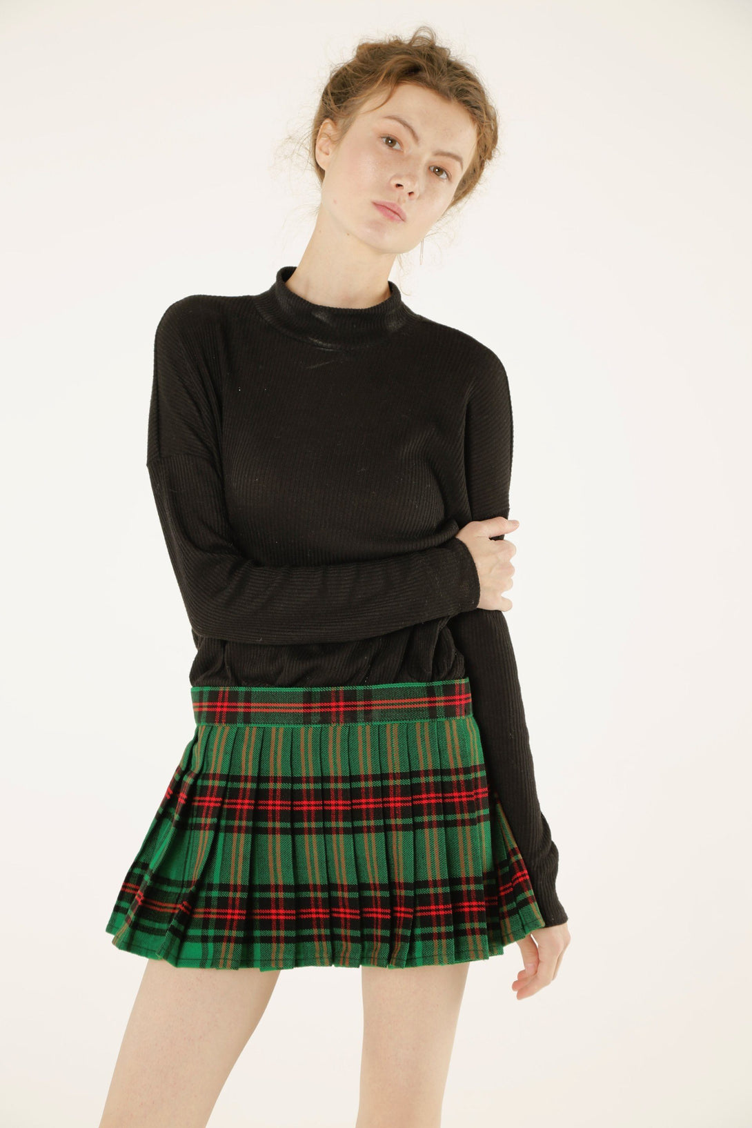 Wrap Around Pleated Plaid Short Skirt